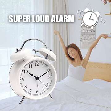 AOLOX Alarm Clock 4" Twin Bell Analog Alarm Clock for Bedroom Battery Operated Bedside Clock with Backlight, White