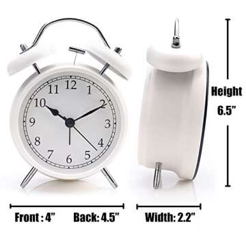 AOLOX Alarm Clock 4" Twin Bell Analog Alarm Clock for Bedroom Battery Operated Bedside Clock with Backlight, White
