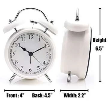 AOLOX Alarm Clock 4" Twin Bell Analog Alarm Clock for Bedroom Battery Operated Bedside Clock with Backlight, White