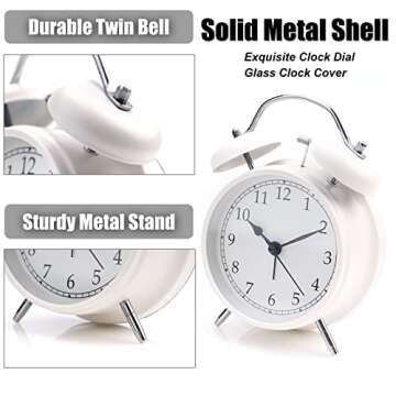 AOLOX Alarm Clock 4" Twin Bell Analog Alarm Clock for Bedroom Battery Operated Bedside Clock with Backlight, White