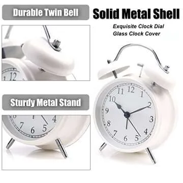 AOLOX Alarm Clock 4" Twin Bell Analog Alarm Clock for Bedroom Battery Operated Bedside Clock with Backlight, White