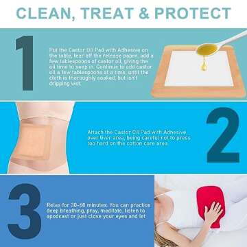 10Pcs Castor Oil Pack Wrap for Liver, Stomach, Belly Button | 8.7"*7.9" Organic Cotton Pads | Highly Absorbent Self-Adhesive Disposable Patches | No Wash, 100% Leak-Free(Oil Not Included) US Patented