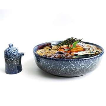 VALLENWOOD Extra Large Salad Serving Bowl, 11 inch. Big Ceramic Navy Dark Blue Pasta bowl Plus Oil B...