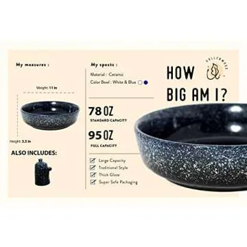 VALLENWOOD Extra Large Salad Serving Bowl, 11 inch. Big Ceramic Navy Dark Blue Pasta bowl Plus Oil Bottle. 95 oz. Beautiful And Elegant Huge Design. Giant Mixing and Fruit Bowls