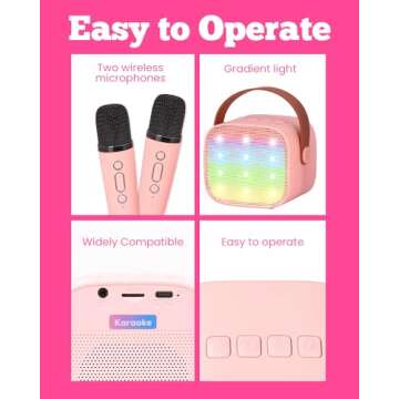 VERKB Kids Karaoke Machine, Kids Toys Birthday Gift for Girls, Mini Portable Bluetooth Speaker with 2 Wireless Microphone for Girl 5,6,7,8,10+Year Old(Pink)