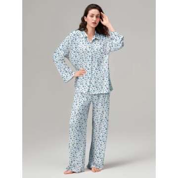 Women 2 Piece Floral Pajamas Lounge Set Y2k Long Sleeve Button Down Shirts Wide Leg Pants Pjs Matchi...