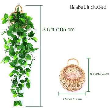 ANZOME 3.5ft Artificial Hanging Plants - Realistic Ivy Vine for Home Decor (Basket Included)