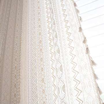 JOOJA Boho Curtains Crochet Semi Sheer Lace Curtains 84 inch Length 2 Panels Set, Rod Pocket Farmhouse Beige Curtains Vintage Cotton Tassel Window Treatment for Bedroom Living Room 59x84
