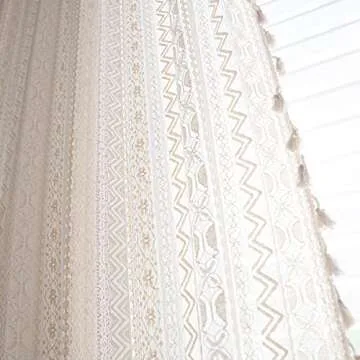 JOOJA Boho Curtains Crochet Semi Sheer Lace Curtains 84 inch Length 2 Panels Set, Rod Pocket Farmhouse Beige Curtains Vintage Cotton Tassel Window Treatment for Bedroom Living Room 59x84