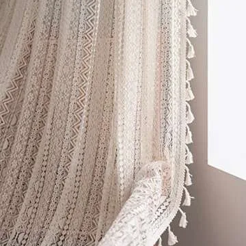 JOOJA Boho Curtains Crochet Semi Sheer Lace Curtains 84 inch Length 2 Panels Set, Rod Pocket Farmhouse Beige Curtains Vintage Cotton Tassel Window Treatment for Bedroom Living Room 59x84