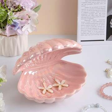 Denique Shell Jewelry Dish Tray, Ceramic Trinket Tray Clamshell Jewelry Storage Dish, Ring Holder Dish Key Bowl, Decorative Jewelry Plate, Cute Jewelry Organizer for Room Decor (Pink)