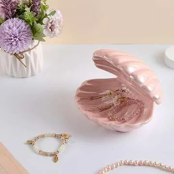 Denique Shell Jewelry Dish Tray, Ceramic Trinket Tray Clamshell Jewelry Storage Dish, Ring Holder Dish Key Bowl, Decorative Jewelry Plate, Cute Jewelry Organizer for Room Decor (Pink)