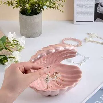 Denique Shell Jewelry Dish Tray, Ceramic Trinket Tray Clamshell Jewelry Storage Dish, Ring Holder Dish Key Bowl, Decorative Jewelry Plate, Cute Jewelry Organizer for Room Decor (Pink)