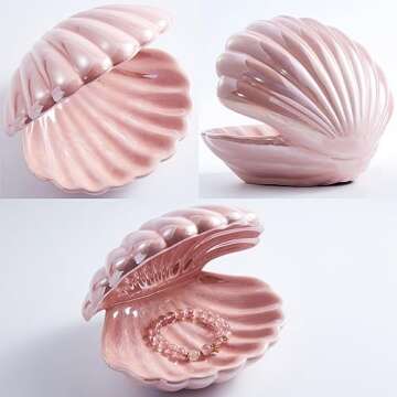 Denique Shell Jewelry Dish Tray, Ceramic Trinket Tray Clamshell Jewelry Storage Dish, Ring Holder Dish Key Bowl, Decorative Jewelry Plate, Cute Jewelry Organizer for Room Decor (Pink)