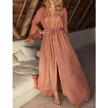 Bsubseach Women Flare Sleeve Long Swimsuit Cover Ups for Swimwear Open Front Button Up Beach Kimono Cardigan