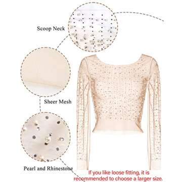 Women's Pearl Rhinestone See Through Long Sleeve Mesh Blouse One Piece Cover Up Halloween Festival Crop Top (Skin Color, 4)