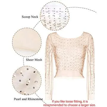 Women's Pearl Rhinestone See Through Long Sleeve Mesh Blouse One Piece Cover Up Halloween Festival Crop Top (Skin Color, 4)