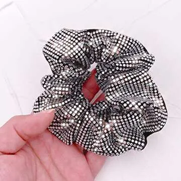 Embellished Sparkly Silver Crystal Scrunchie Hair Tie Ponytail Holder Accessory for Women