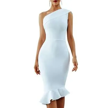 UONBOX Women's One Shoulder Sleeveless Bodycon Dress Midi Mermaid Party Bandage Dress White M