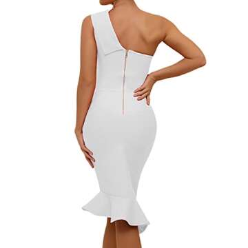 UONBOX Women's One Shoulder Sleeveless Bodycon Dress Midi Mermaid Party Bandage Dress White M
