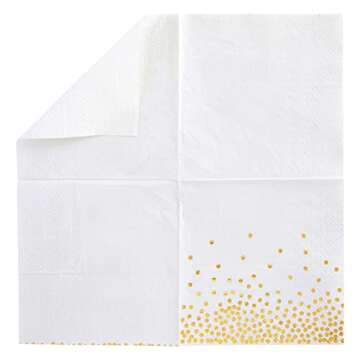 Juvale 100 Pack Disposable White and Gold Paper Cocktail Napkins for Wedding Reception, Polka Dot Party Supplies (5 x 5 In)