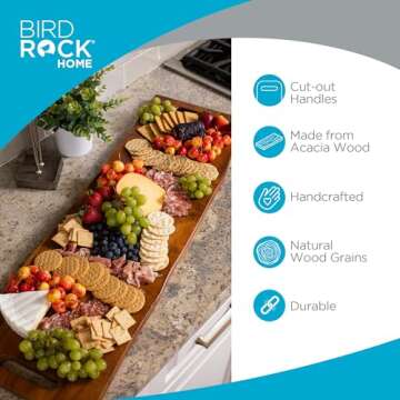 BIRDROCK HOME Acacia Wooden Cheese & Charcuterie Board with Handles 36" | Rectangular Food Platter f...