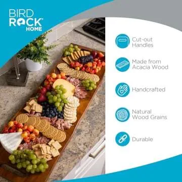 BIRDROCK HOME Acacia Wooden Cheese & Charcuterie Board with Handles 36" | Rectangular Food Platter f...