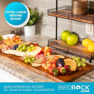 BIRDROCK HOME Acacia Wooden Cheese & Charcuterie Board with Handles 36" | Rectangular Food Platter for Bread, Meat, or Appetizers | Natural Wood Serving Tray | Cutting Board for Kitchen & Outdoor Use