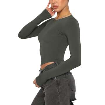 REORIA Women's Fashion Sexy Crew Neck Long Sleeve Casual Basic Layering Fall Outfits Slim Fitted Cut...