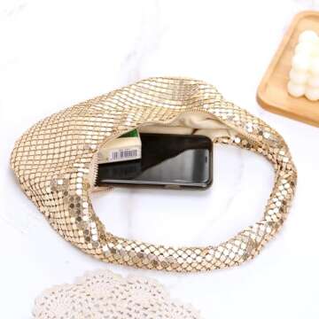 Afashor Womens Metallic Evening Bag Cute Hobo Handbag Fashion Shiny Moon-shaped Shoulder Purse Golden