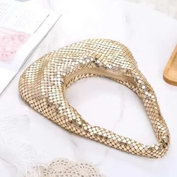 Afashor Womens Metallic Evening Bag Cute Hobo Handbag Fashion Shiny Moon-shaped Shoulder Purse Golden