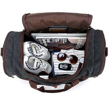 BLUBOON Overnight Bag Canvas Genuine Leather 20.5"/10"/12.2" Vintage Travel Duffel Bags (Big Size Dark Grey)