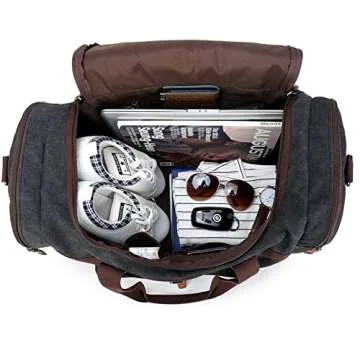 BLUBOON Overnight Bag Canvas Genuine Leather 20.5"/10"/12.2" Vintage Travel Duffel Bags (Big Size Dark Grey)