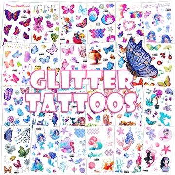 Konsait Glitter Temporary Tattoo for Girls, 24 Sheets Butterfly Mermaid Fairy Flowers Tattoo Sticker...
