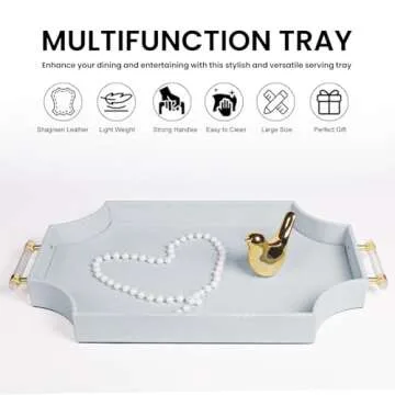 Shagreen Decorative Large Serving Platters Tray with Handles for Coffee Table Decor Modern Elegant Scalloped Ottoman Tray(Ice Blue, 22.6'' × 13'')