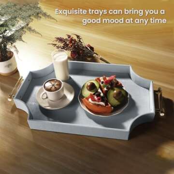 Shagreen Decorative Large Serving Platters Tray with Handles for Coffee Table Decor Modern Elegant Scalloped Ottoman Tray(Ice Blue, 22.6'' × 13'')