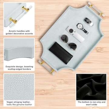 Shagreen Decorative Large Serving Platters Tray with Handles for Coffee Table Decor Modern Elegant Scalloped Ottoman Tray(Ice Blue, 22.6'' × 13'')