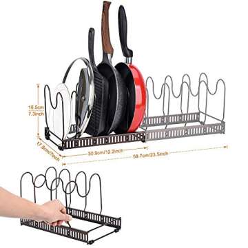 Toplife Pots and Pans Organizer Rack for Cabinet and Countertop, 10+ Pot Lids, Bakeware and Cookware Holder with 10 Adjustable Compartments - Black