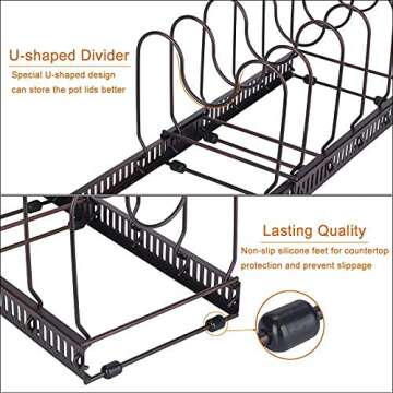 Toplife Pots and Pans Organizer Rack for Cabinet and Countertop, 10+ Pot Lids, Bakeware and Cookware Holder with 10 Adjustable Compartments - Black