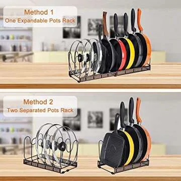 Toplife Pots and Pans Organizer Rack for Cabinet and Countertop, 10+ Pot Lids, Bakeware and Cookware Holder with 10 Adjustable Compartments - Black