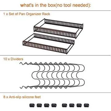 Toplife Pots and Pans Organizer Rack for Cabinet and Countertop, 10+ Pot Lids, Bakeware and Cookware Holder with 10 Adjustable Compartments - Black