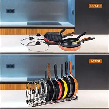 Toplife Pots and Pans Organizer Rack for Cabinet and Countertop, 10+ Pot Lids, Bakeware and Cookware Holder with 10 Adjustable Compartments - Black