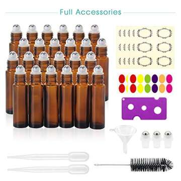 Mavogel 24, 10ml Roller Bottles for Essential Oils - Amber, Glass with Stainless Steel Roller Balls ...