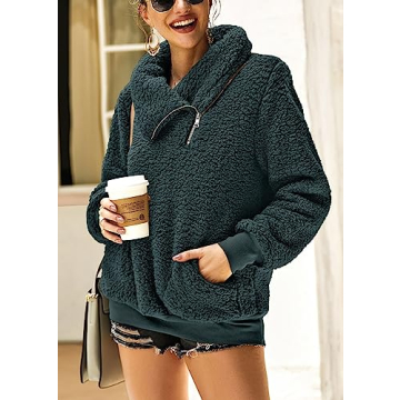 KIRUNDO Women's 2025 Winter Lapel Fuzzy Fleece Sweatshirt Faux Shearling Zipper Warm Sherpa Pullover Outwear With Pockets(Large, Dark Blue)