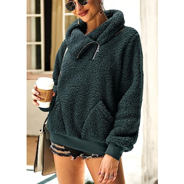 KIRUNDO Women's 2025 Winter Lapel Fuzzy Fleece Sweatshirt Faux Shearling Zipper Warm Sherpa Pullover Outwear With Pockets(Large, Dark Blue)