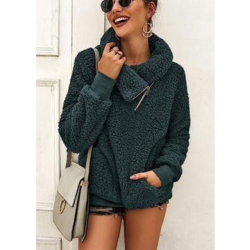KIRUNDO Women's 2025 Winter Lapel Fuzzy Fleece Sweatshirt Faux Shearling Zipper Warm Sherpa Pullover Outwear With Pockets(Large, Dark Blue)
