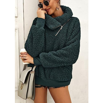 KIRUNDO Women's 2025 Winter Lapel Fuzzy Fleece Sweatshirt Faux Shearling Zipper Warm Sherpa Pullover Outwear With Pockets(Large, Dark Blue)