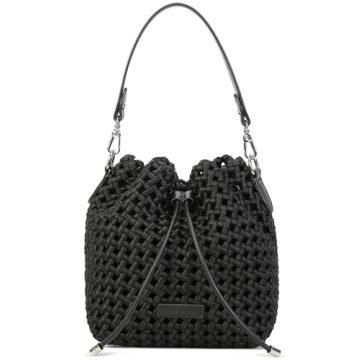 Woven bucket Bag For Women, Small Woven Hollow Out Handbag Silky-Soft Hollow fabric Travel Purse and hobo bag (BLACK)