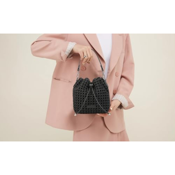 Woven bucket Bag For Women, Small Woven Hollow Out Handbag Silky-Soft Hollow fabric Travel Purse and hobo bag (BLACK)