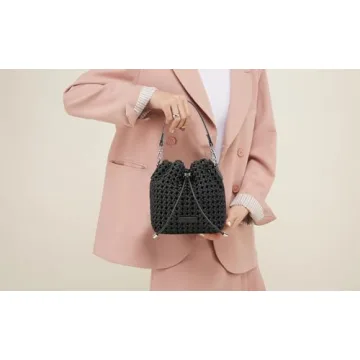 Woven bucket Bag For Women, Small Woven Hollow Out Handbag Silky-Soft Hollow fabric Travel Purse and hobo bag (BLACK)